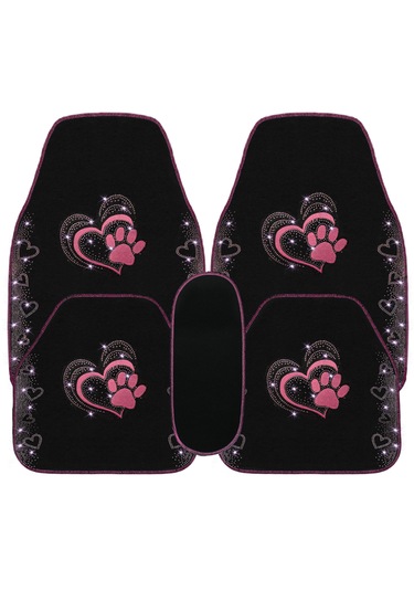 Kadınlara Özel Nakış İşlemeli Taşlı Kalp Ve Köpek Pati Desenli Oto Paspas Seti Şık Ve Dayanıklı