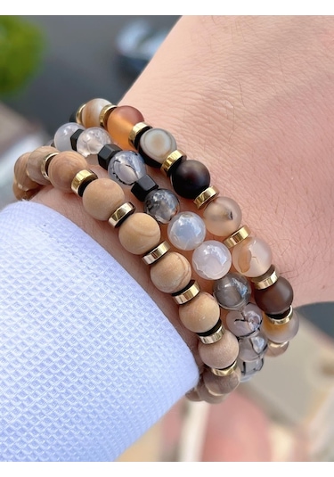 Nursaat Doğal Taş Özel Kombin Kurvas Ve Ay Taşı Doğal Unisex Enerji Bilekliği Blkt.ns01 3 Adet Çok Renkli