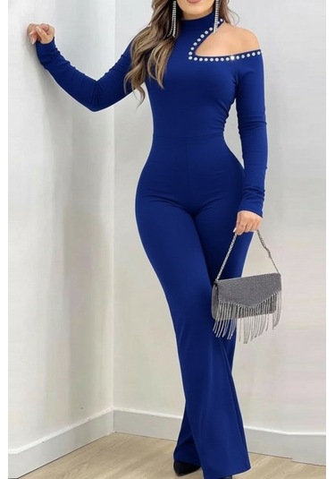 S-pazarım Kadın Tek Omuzdan Açık Balıkçı Yaka Taş Detaylı Uzun Ithal Krep Tulum Saks Mavi