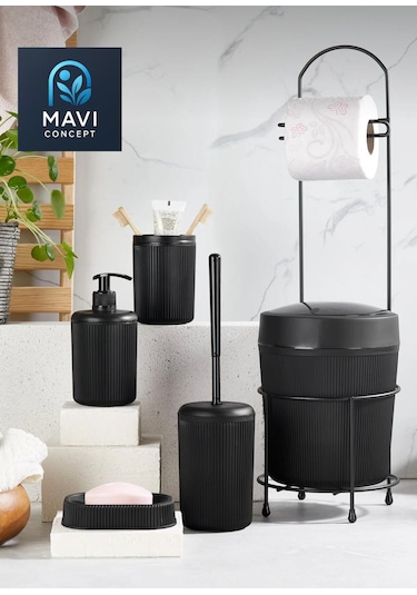 6 Parça Banyo Seti Çöp Kovalı Tuvalet Kağıtlığı-tuvalet Fırçası-sıvı Ve Katı Sabunluk-diş Fırçalık Siyah