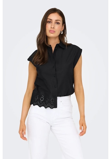 Only Kadın Onllou Etek Ucu Dantelli Düğmeli %100 Pamuk Gömlek 15342569 Siyah Siyah