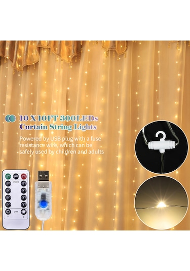 Geeksen 10x10ft 300 Led Perde Işıkları, 8 Modlu Uzaktan Kumandalı Bakır Tel Su Perdesi Işıkları - Düğün, Parti, Noel, Ev Dekorasyonu Sıcak Beyaz
