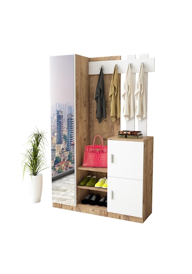 Robin Home Liva Aynalı Vestiyer Portmanto Ayakkabılık Çam-beyaz