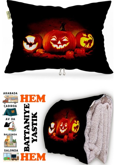 Bal Kabağı Helloween Desen Baskılı Tv Battaniyeli Opsiyonel Dekoratif Hediye Yastık Battaniye 2in1 Çok Renkli