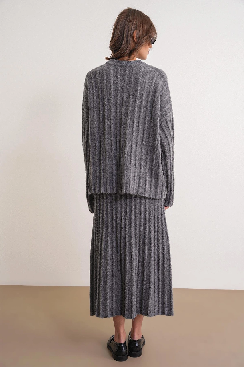 6960 Kadın Saç Örgülü Yumuşak Dokulu Triko Alt Üst Takım Antrasit Antrasit