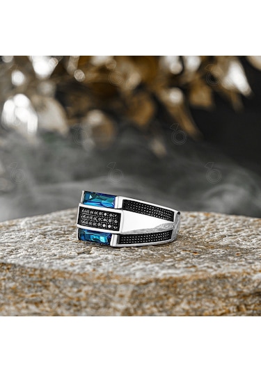Modasilvers 925 Ayar Gümüş Mavi Baget Taşlı Erkek Yüzük (547569555)