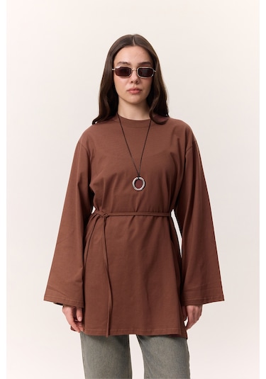 Bağlama Detaylı Oversıze Tshırt Ağaç Kabuğu Ağaç Kabuğu Çok Renkli