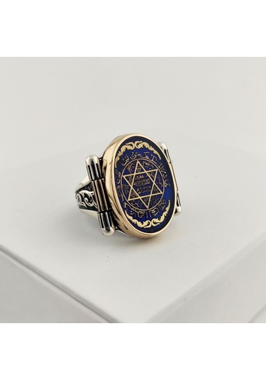 925 Ayar Gümüş Mavi Mineli Motifli Mührü Süleyman Erkek Yüzük Silver