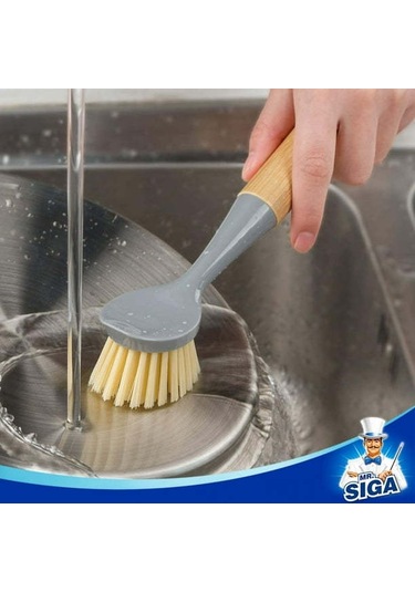 Xindoker Ahşap Saplı 2'li Set Mutfak Temizlik Fırçası - Sert Tüylerle Tencere, Kase, Lavabo Derinlemesine Temizler Gri, 20.5x4.5cm