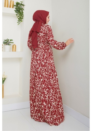 Sevil Yarım Düğmeli Dokuma Viskon Elbise 1504 - Bordo Bordo