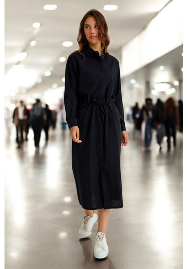 Yazlık Şık Beli Bağcık Detaylı Keten Elbise siyah
