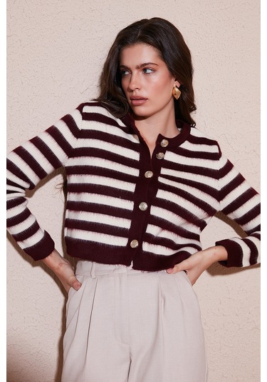 Lela Çizgili Oversize Fit Bisiklet Yaka Düğmeli Crop Triko Bayan Hırka 4615567 Bordo