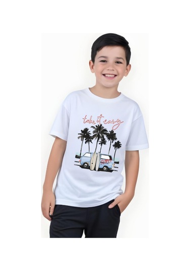 Summer Van Baskılı Erkek Çocuk Yuvarlak Yaka Kısa Kollu T-shirt Beyaz