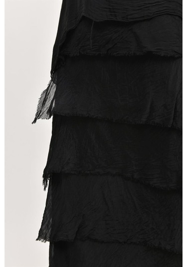 İtalyan 2 Beden İnce Gösteren Yarım Kol Kat Kat Ipek Elbise Siyah