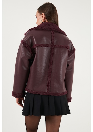 Lela Oversize Kruvaze Yaka Peluş Detaylı Suni Deri Biker Ceket Bayan Mont 6810247 Bordo