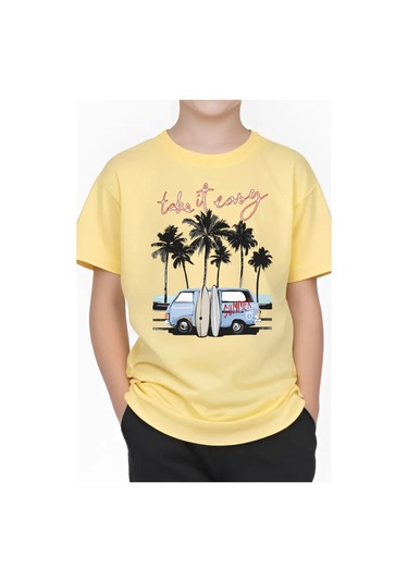 Summer Van Baskılı Erkek Çocuk Yuvarlak Yaka Kısa Kollu T-shirt Sarı