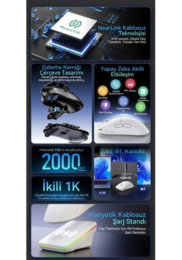Aj200p Nl Aı Yapay Zeka Sesli Komut Destekli Near-link Kablosuz Şarj Standlı Oyuncu Mouse Diğer