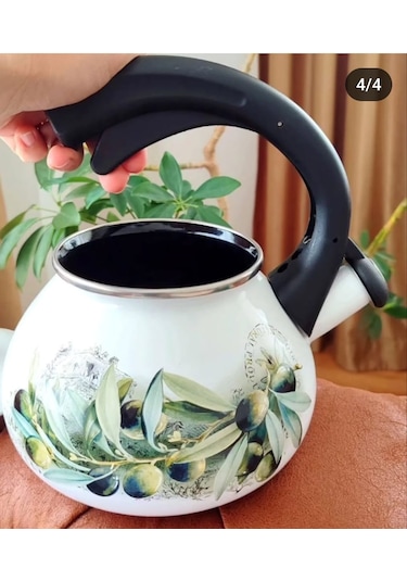 Zeytin Dekor Vintage Emaye Düdüklü Kettle Demlik 2,4 Litre Yeşil