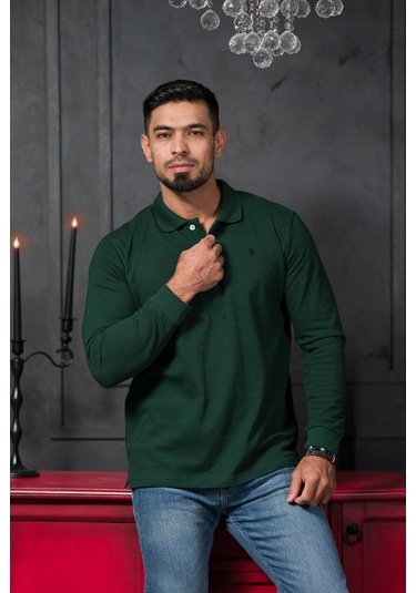 San&fa Regular Fit Polo Yaka Uzun Kol Pamuklu Baharlık Sweatshirt Yeşil
