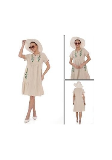 Yarım Kol Yuvarlak Yaka İşlemeli Keten Elbise-9166 KREm Krem