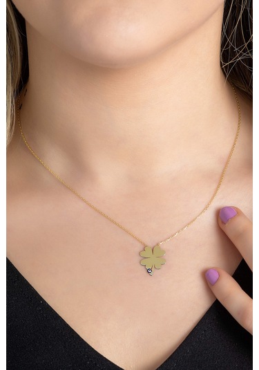 Moom Mücevherat Kadın Göz Boncuklu Yonca Kolye 14 Ayar Altın