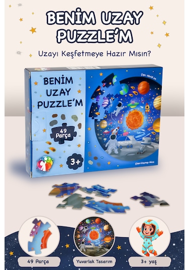 Mert Bebek Uzay Temalı 49 Parça Yuvarlak Çocuk Puzzle 3+ Yaş Eğitici Büyük Boy Puzzle 48 Cm Astronot