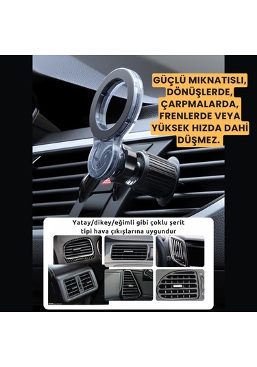 Coofbe 360 Derece Döner Başlıklı Güçlü Mgsafe Uyumlu Manyetik Havalandırma Araç İçi Telefon Tutucu Siyah