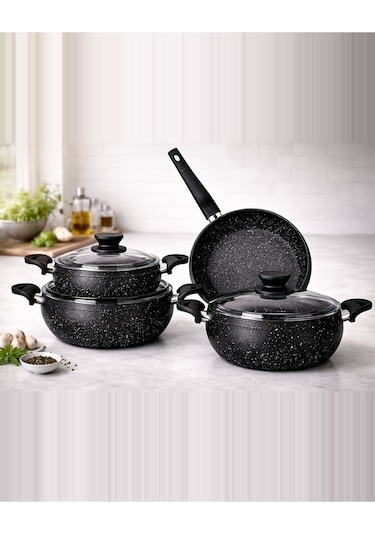 Granit Pro 7 Parça Granit Güveç Tencere Seti Siyah Bakalit Saplı - 20/24/26 Derin /26 Güveç Tava