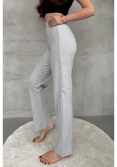 Kadın Gri Yüksek Bel Fitilli Bol Paça Günlük İnce Eşofman Altı Gri