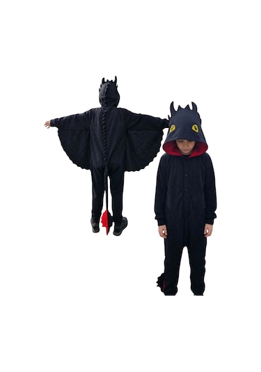Dişsiz Ejderha Kostümü Siyah Ejderha Pijama Tulum Kostüm