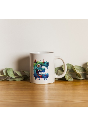 E Harfi Bardak, Sevimli Canavarlar Harflı Bardak Hediyesi Porselen Beyaz
