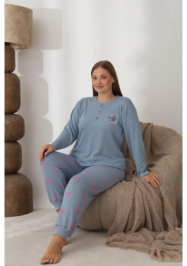 Lindros Kadın Pamuk'lu Düğme Yaka Raporlu İnterlok Kışlık Battal Pijama Takımı 0242 - 1 Adet Mavi