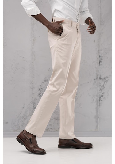 Notra Regular Fit Pamuklu Yan Cep Klasik Yazlık Gabardin Pantolon Krem