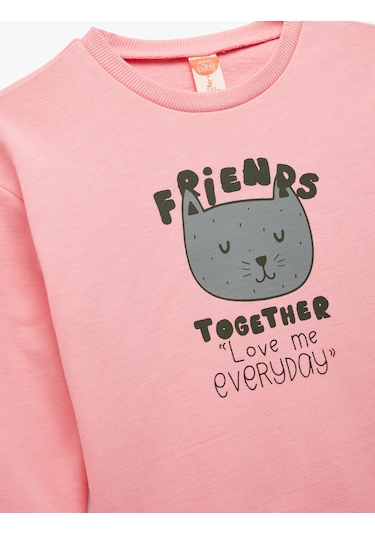 Koton Pamuklu Uzun Kollu Bisiklet Yaka Baskılı Sweatshirt Pembe 6wmg10099ak Gül