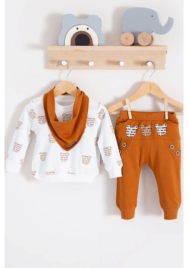 Fularlı Baby Desenli 3'lü Erkek Bebek Takım Turuncu