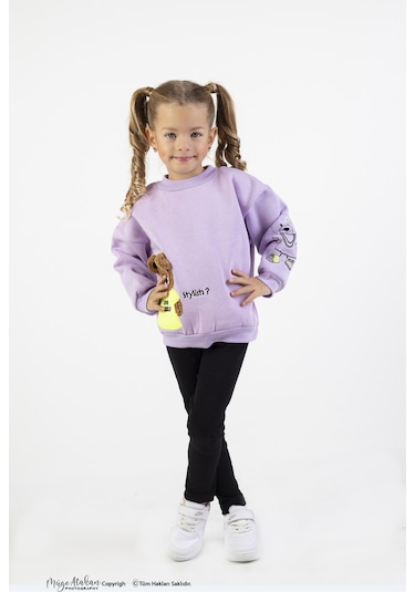 Kız Çocuk Orta Kalınlıkta Baskılı Örme Basic Taytlı Alt Üst Takımı Lila