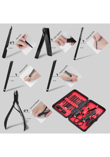CİN290 Deri Çantalı Manikür Set Tırnak Makası Seti 15 Parça Siyah