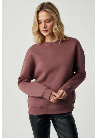 GRIMELANGE Vaneltına Kadın Organik Pamuklu Yumuşacık İçi Polarlı Yuvarlak Yakalı Mürdüm Sweatshirt Mürdüm