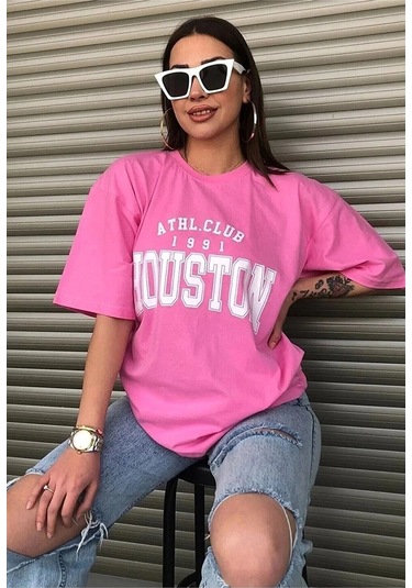 Kadın Pembe Oversize Bisiklet Yaka Houston Baskılı T-shirt Pembe