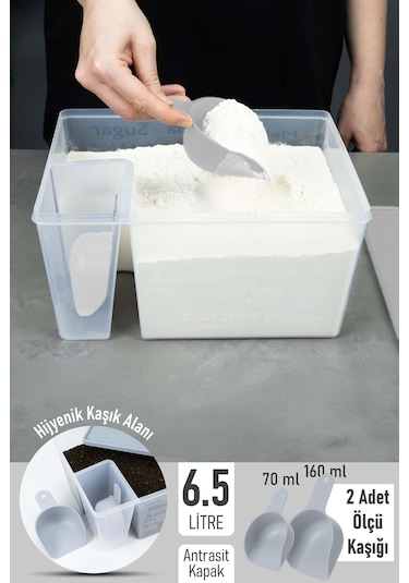İronika Ölçü Kaşıklı Un Şeker Deterjan Saklama İstifleme Kabı Ölçülü Saklama Kutusu 6.5 Litre Antrasit Antrasit