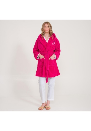 Welsoft Kapüşonlu Peluş Kadın Sabahlık Fuşya