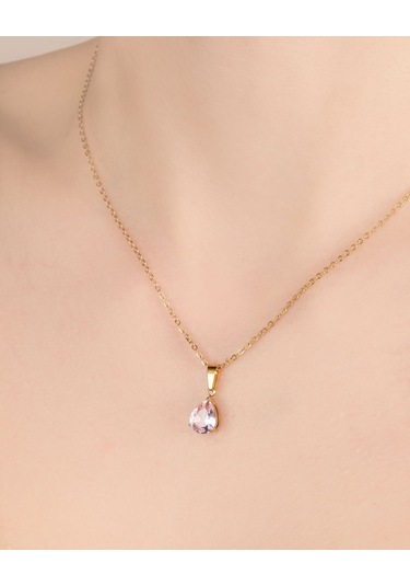 Lekka Design Kadın Kararmaz Çelik Takı Pembe Damla Zirkon Taşlı Şık Kolye Altın