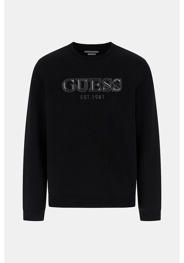 Guess Erkek Fleece Nakışlı Logo Sweatshirt - Siyah Siyah
