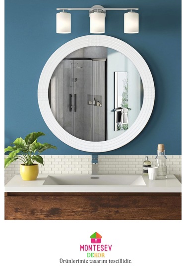 Safir Ahşap Beyaz Yuvarlak Ayna Işlemeli Duvar Banyo Aynası 69 Cm