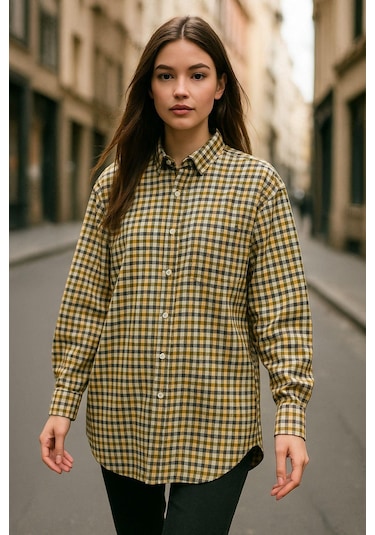 Kadın Sarı Oversize Ekoseli Gömlek Over Fit Relaxed Kareli Gömlek Çok Renkli