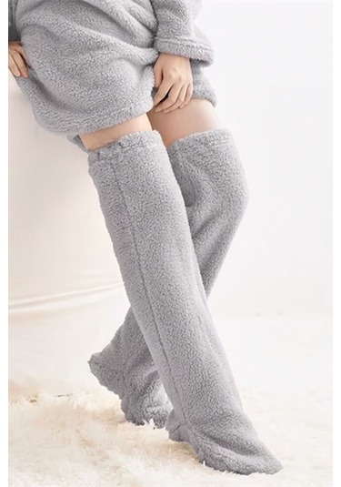 Mulberry Wellsoft Peluş Diz Üstü Ev Çorabı Uzun Çorap Açık Gri
