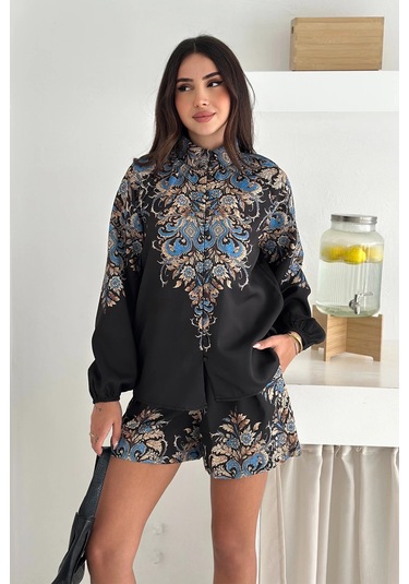İthal Atlas Kumaş Bluz&şort Takım Siyah Siyah