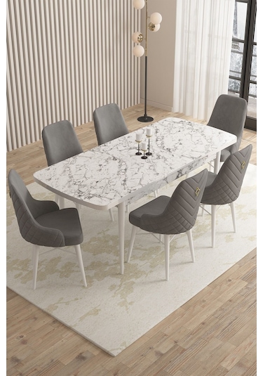 Mazaka Beyaz Mermer 80x132açılabilir Mdf Masa Yemek Odası Takımı,mutfak Takımı 6 Adet Sandalye Gri Mazaka Beyaz Mermer 80x132açılabilir Mdf Masa Yemek Odası Takımı,mutfak Takımı 6 Adet Sandalye Gri