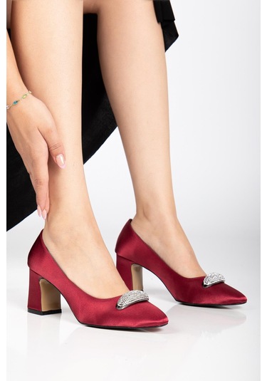 Kadın Siletto Topuklu Ayakkabı Bordo Saten Taşlı Kalın Topuklu-4169 Bordo