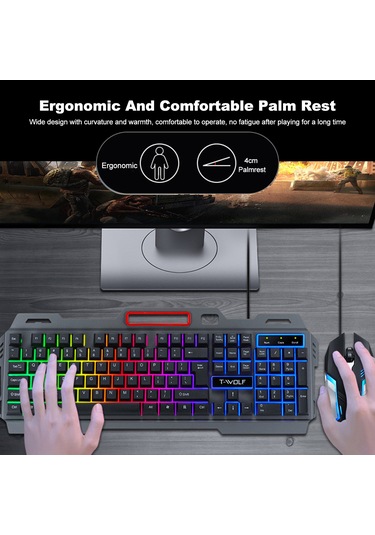 Jeemson T-wolf Tf600 Kablolu Usb Oyun Klavye Ve Mouse Seti, Mekanik His, Renkli Işık Efekti, 104 Tuş, 2400 Dpı Optik Mouse, Ofis Ve Oyun İçin Diğer